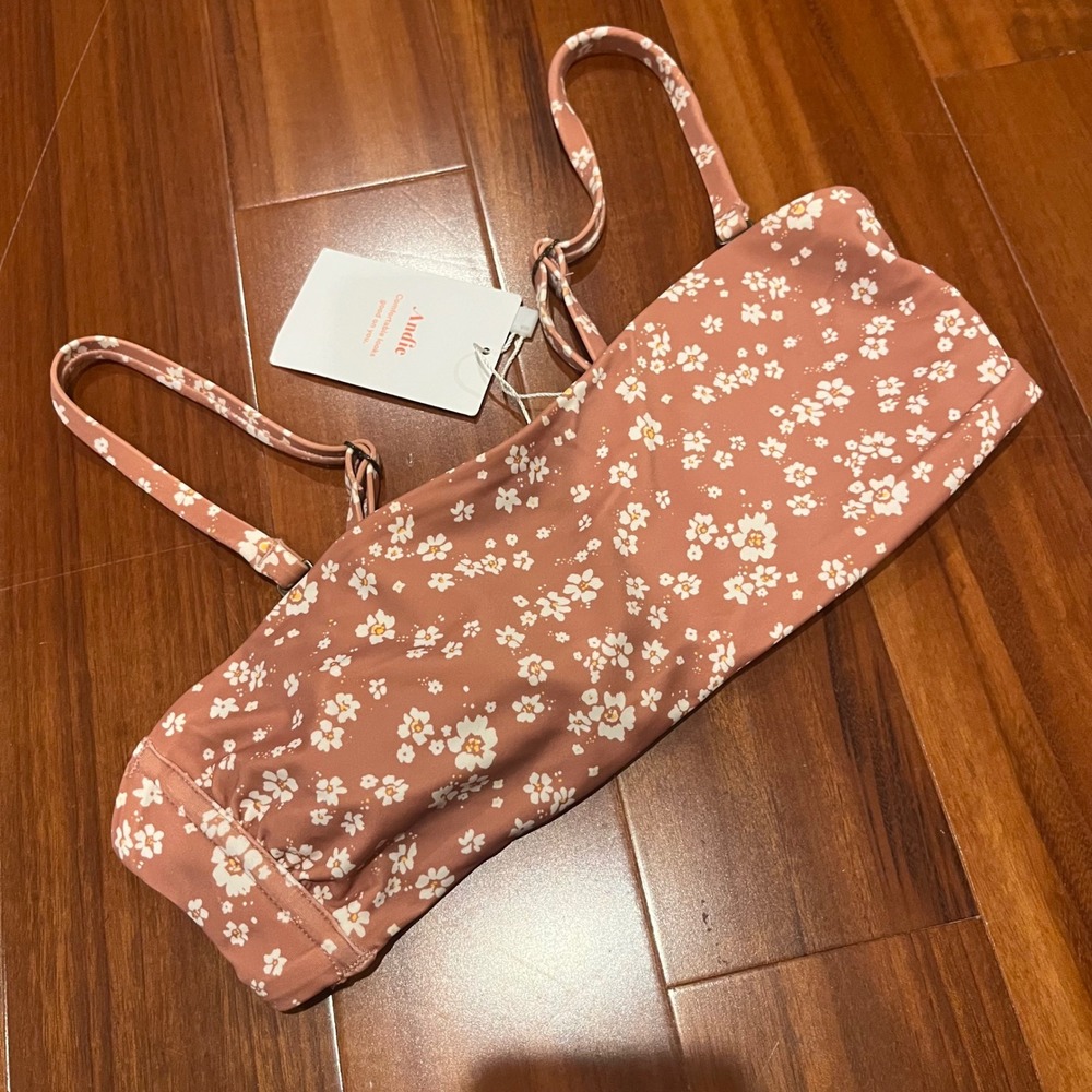 Andie Bora Bikini Top Ditsy Floral Rose Brown Swim Bandeau Strap AT199 New Sz XS